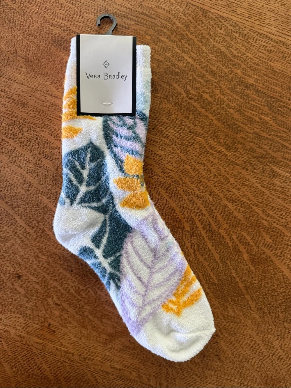 Vera Bradley White Socks with Yellow, Purple, and Teal Leaf Print